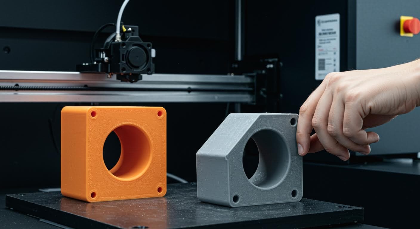 Vergleichsbild von zwei 3D-gedruckten Bauteilen: eines vertikal und eines horizontal orientiert, unter Belastung, um Festigkeitsunterschiede zu visualisieren.