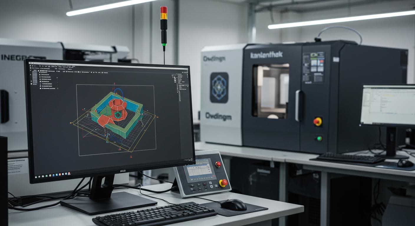 Professionelle Aufnahme einer Simulationssoftware-Oberfläche, die ein 3D-Modell in verschiedenen Orientierungen zeigt, mit Fokus auf den Bildschirm und Geräten im Hintergrund.