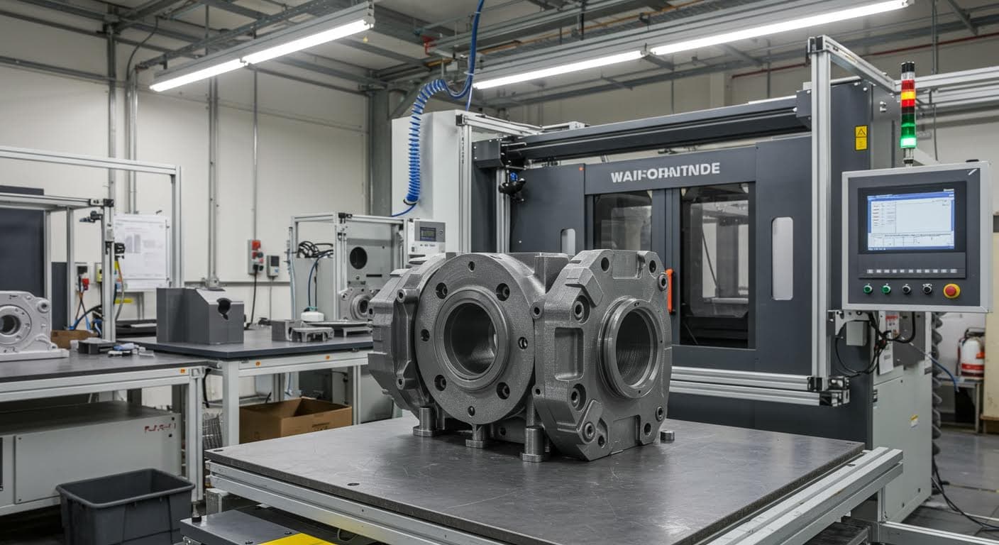 Industriefoto eines fertigen, polierten 3D-gedruckten Komponents für den Maschinenbau, platziert in einer Fertigungshalle.