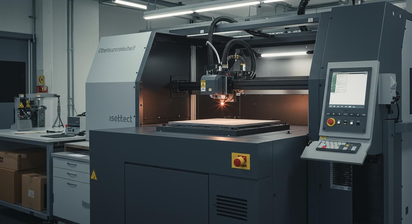 Selective Laser Sintering machine in operation with powder bed and laser beam visible
