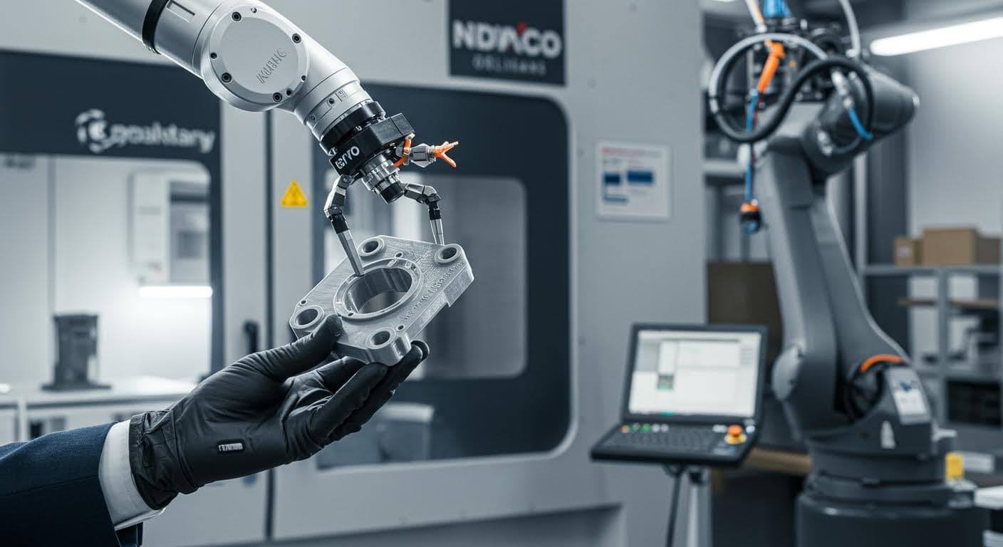 Polished 3D-printed prototype part held by robotic arm in industrial environment