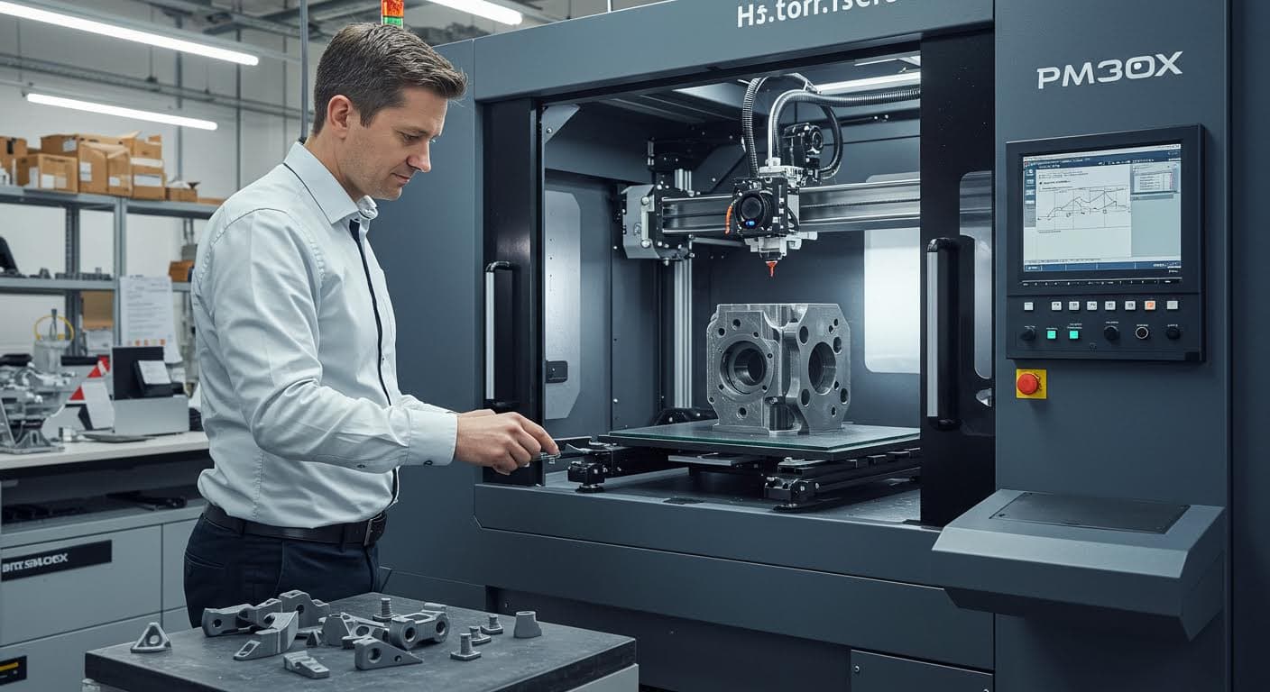 Hochauflösendes Foto eines industriellen 3D-Druckers beim Drucken eines mechanischen Teils in einer Fabrikumgebung, reines visuelles Bild ohne Texte