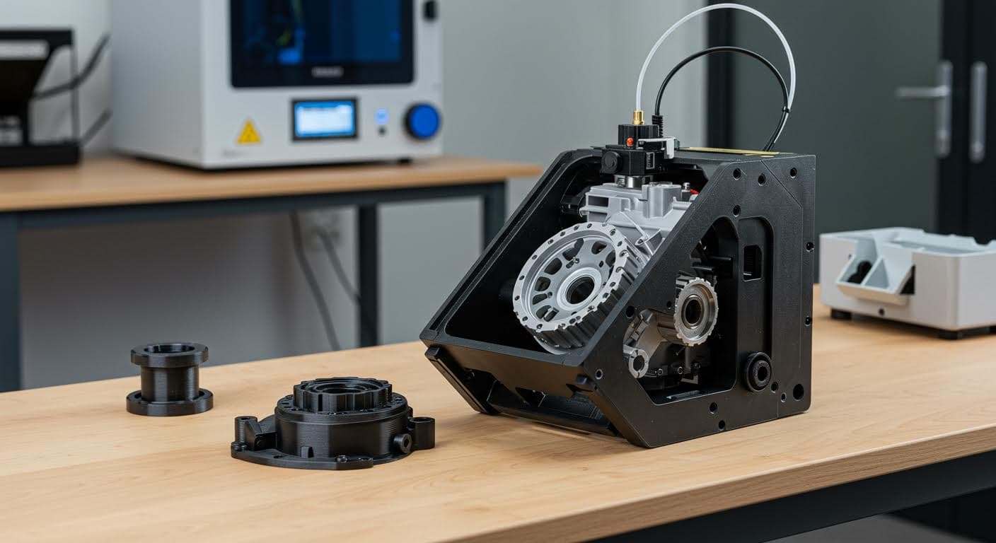 Professionelle Aufnahme eines 3D-gedruckten Haushaltsgeräteteils auf einem Tisch, industrielle Qualität, keine Beschriftungen