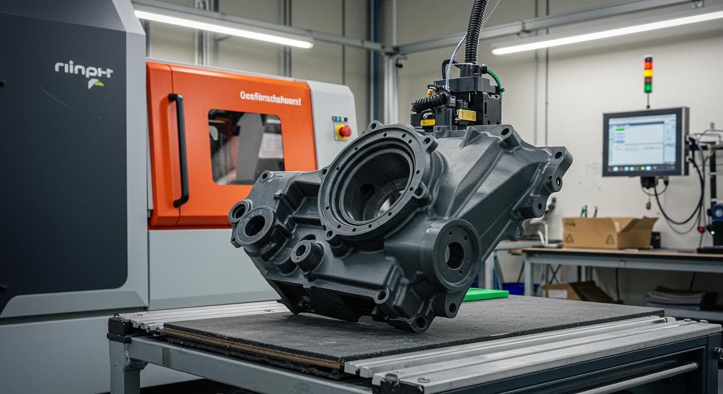 Detailansicht eines additiv gefertigten Autoteils in einer Werkstatt, hochauflösend, ohne jegliche Schrift