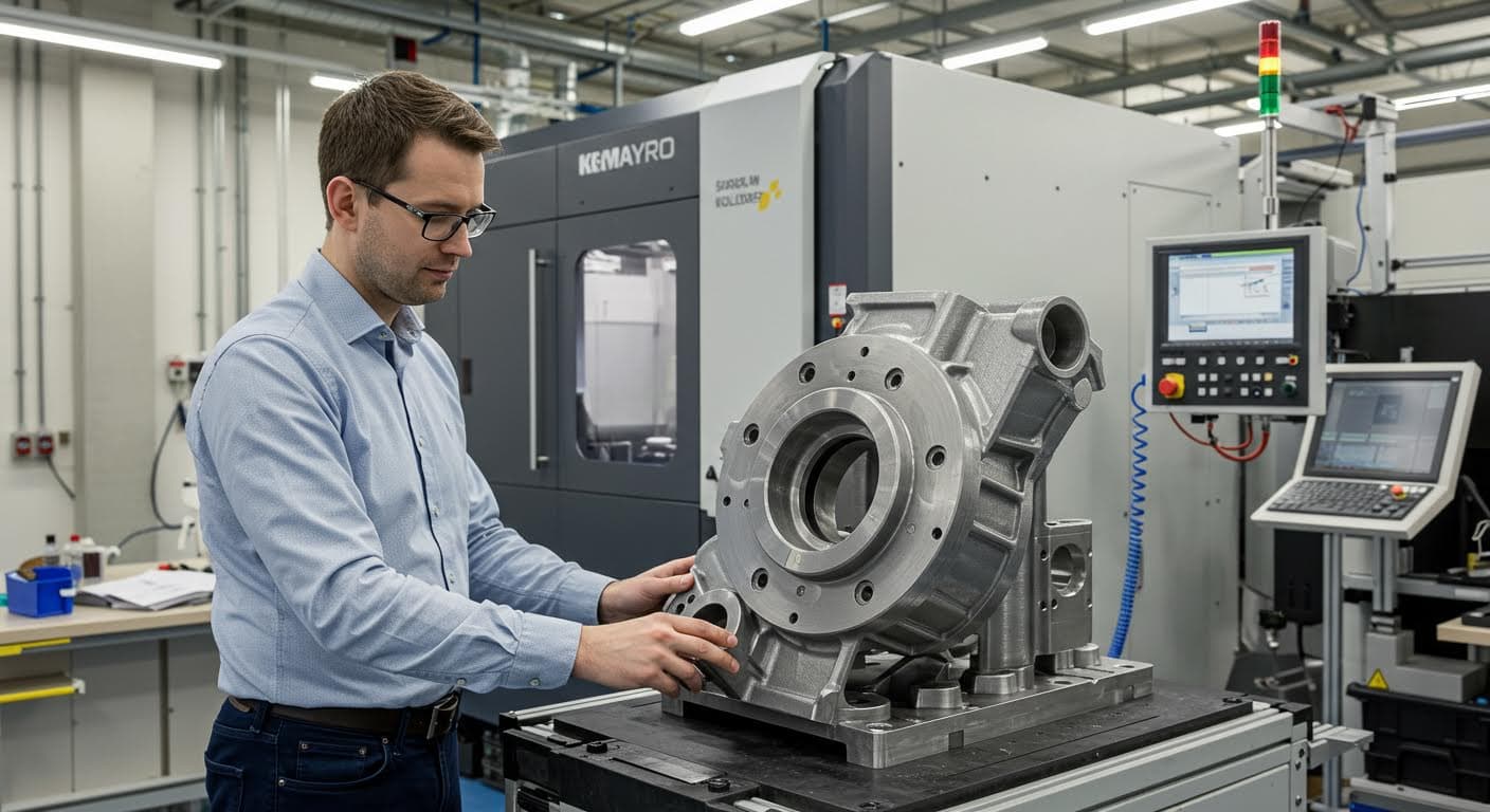 Bild eines 3D-gedruckten Maschinenbauteils in Metall, in einer Produktionshalle, magazin-tauglich, textfrei