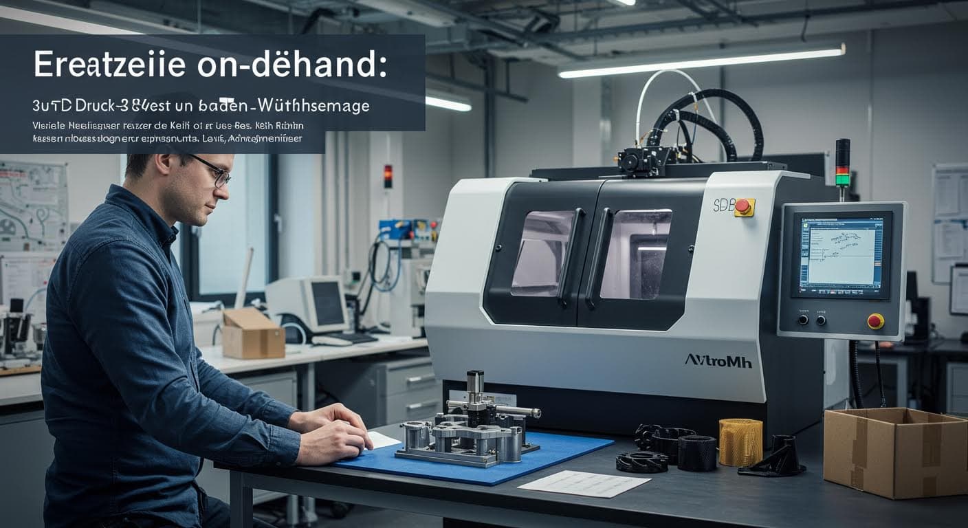 Visuelle Darstellung eines 3D-Druck-Prozesses für Ersatzteile, Fokus auf Technologie, keine Logos oder Labels