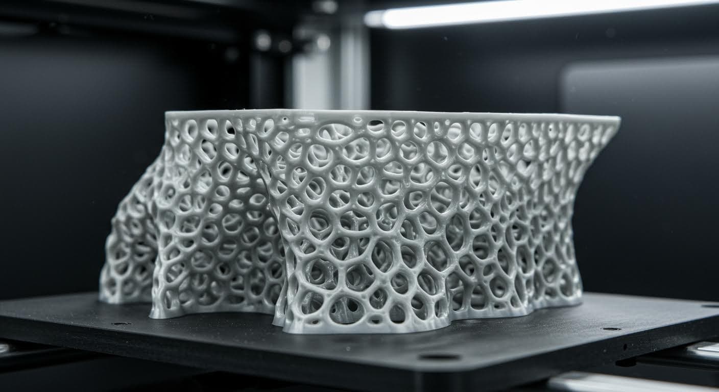 Close-up of a 3D-printed plastic model with intricate support structures attached, showing detailed lattice patterns in a clean industrial setting
