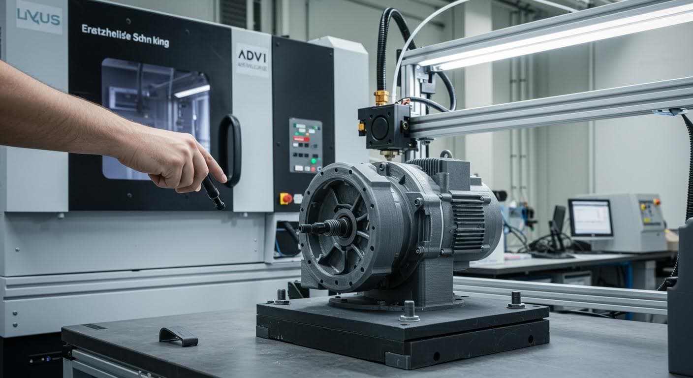 Foto eines fertigen 3D-gedruckten Elektromotors in einer Laborumgebung, professionell, rein visuell