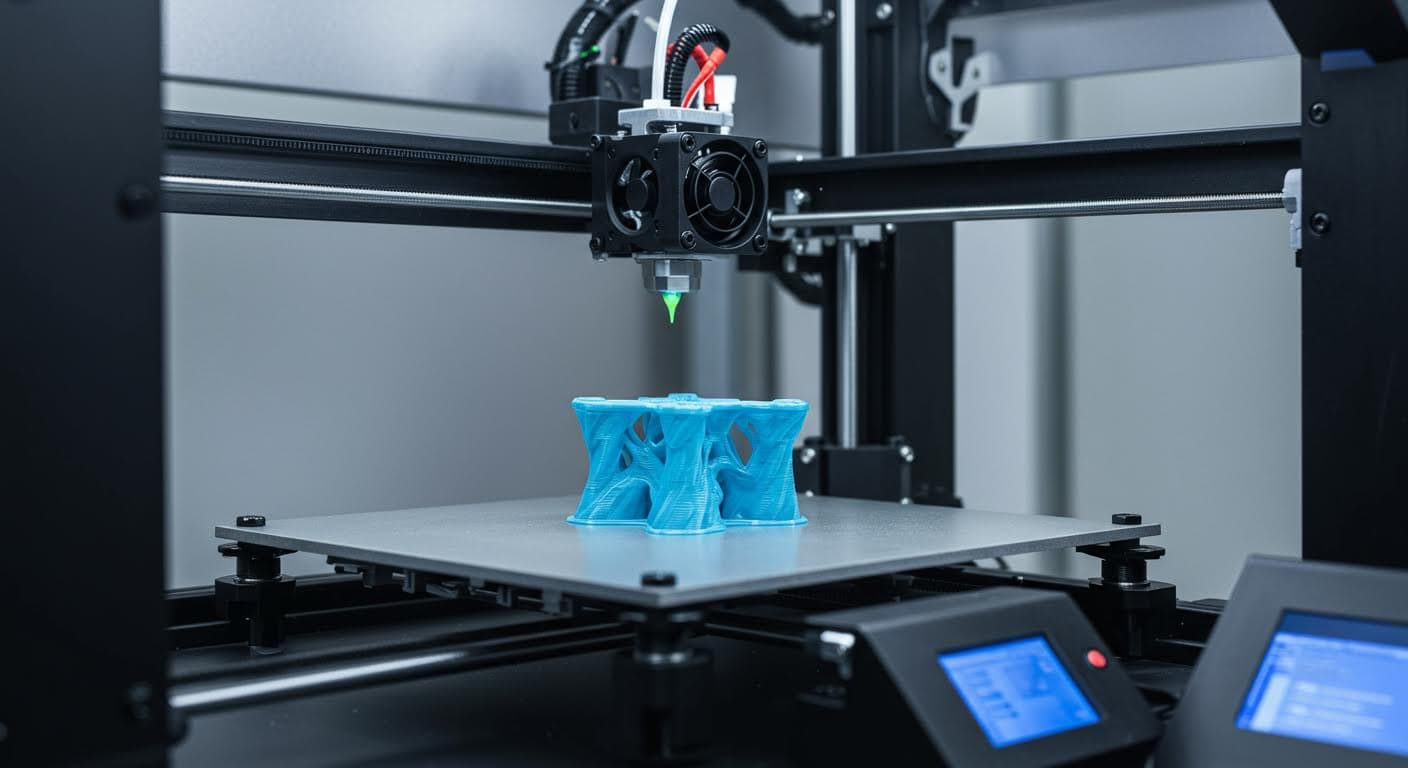 A high-resolution image of an FDM 3D printer in operation, extruding material onto a build plate with minimal overhanging supports visible