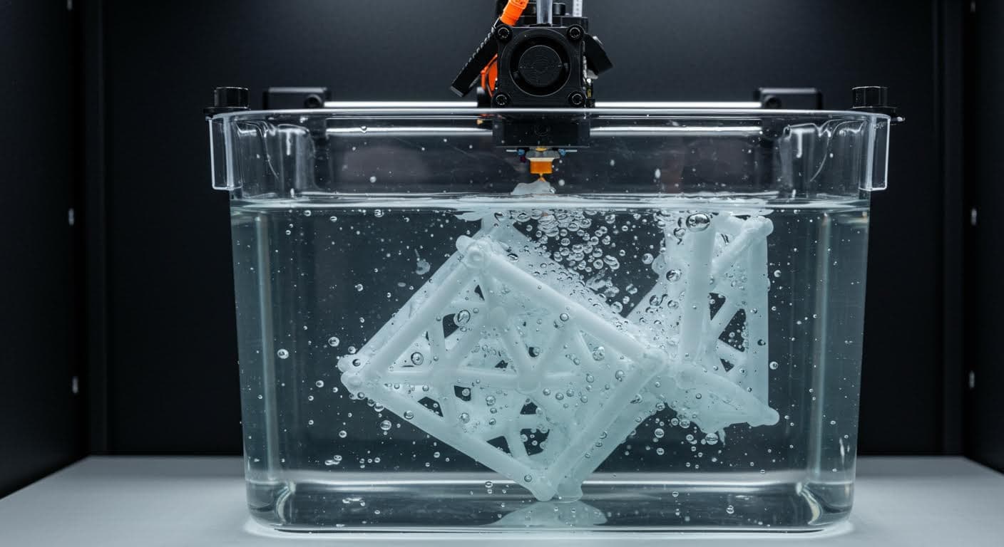 Image of a soluble support structure dissolving in a clear water bath, with bubbles and partial disintegration visible