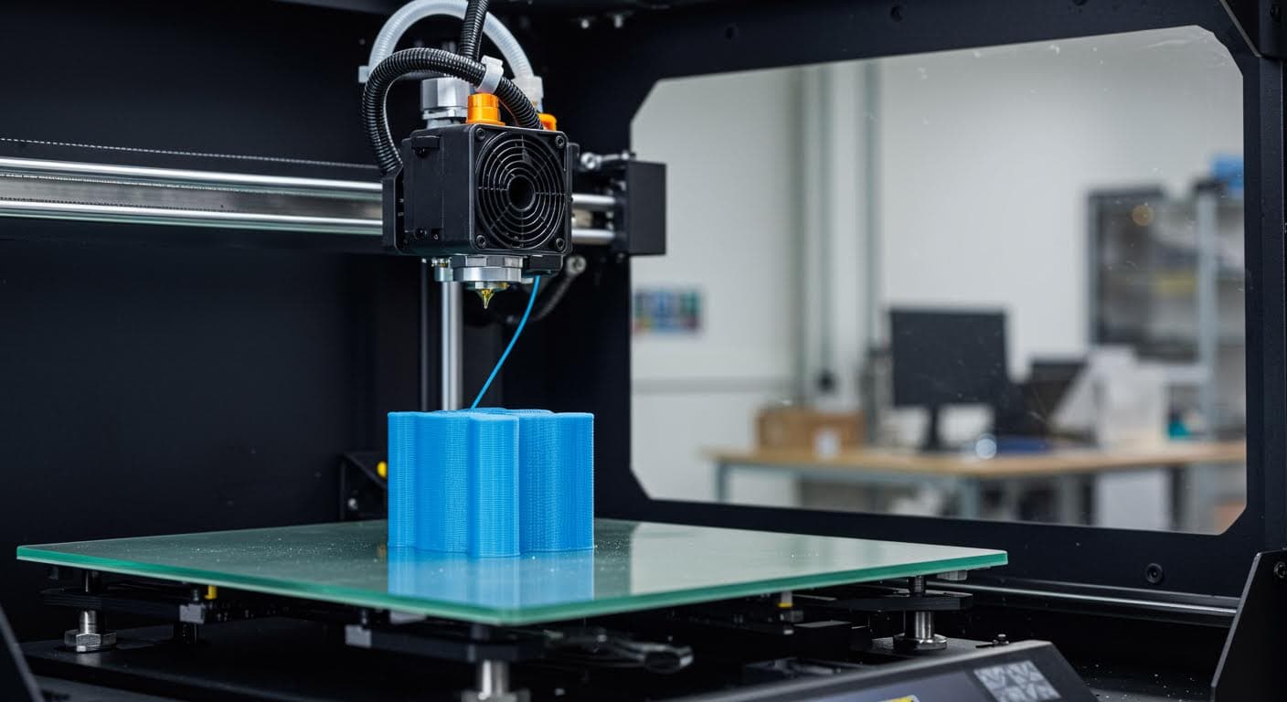 Multi-material 3D printer head depositing soft alternative support material alongside the main filament in a modern workshop