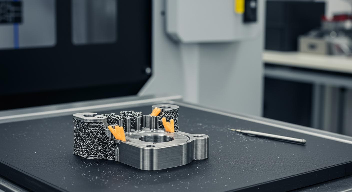 Finished 3D-printed metal component free of supports, placed on a precision measurement table in an engineering lab