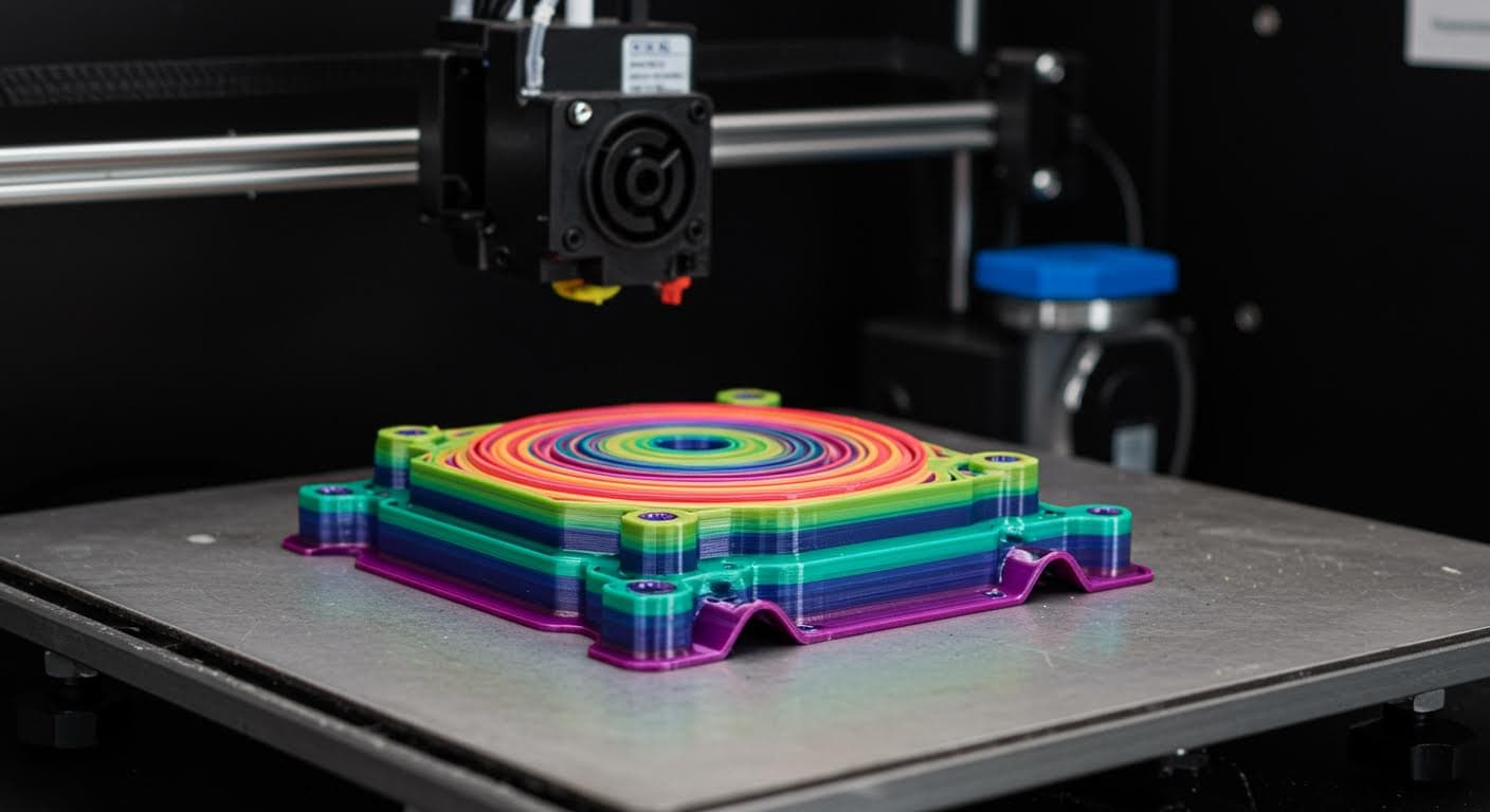 Close-up of a multi-colored FDM printed part on a printer bed, high resolution, professional industrial photography, no text or labels
