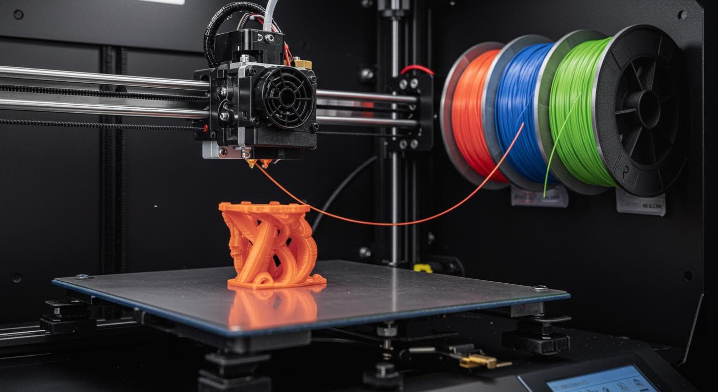 FDM printer during filament change process, showing extruder and colorful filaments, high-quality image, no writings