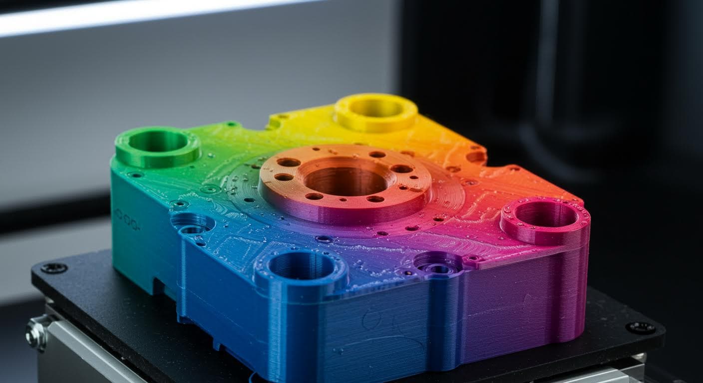 Hand-painted FDM part with vibrant colors and gradients, close-up on surface details, no text elements