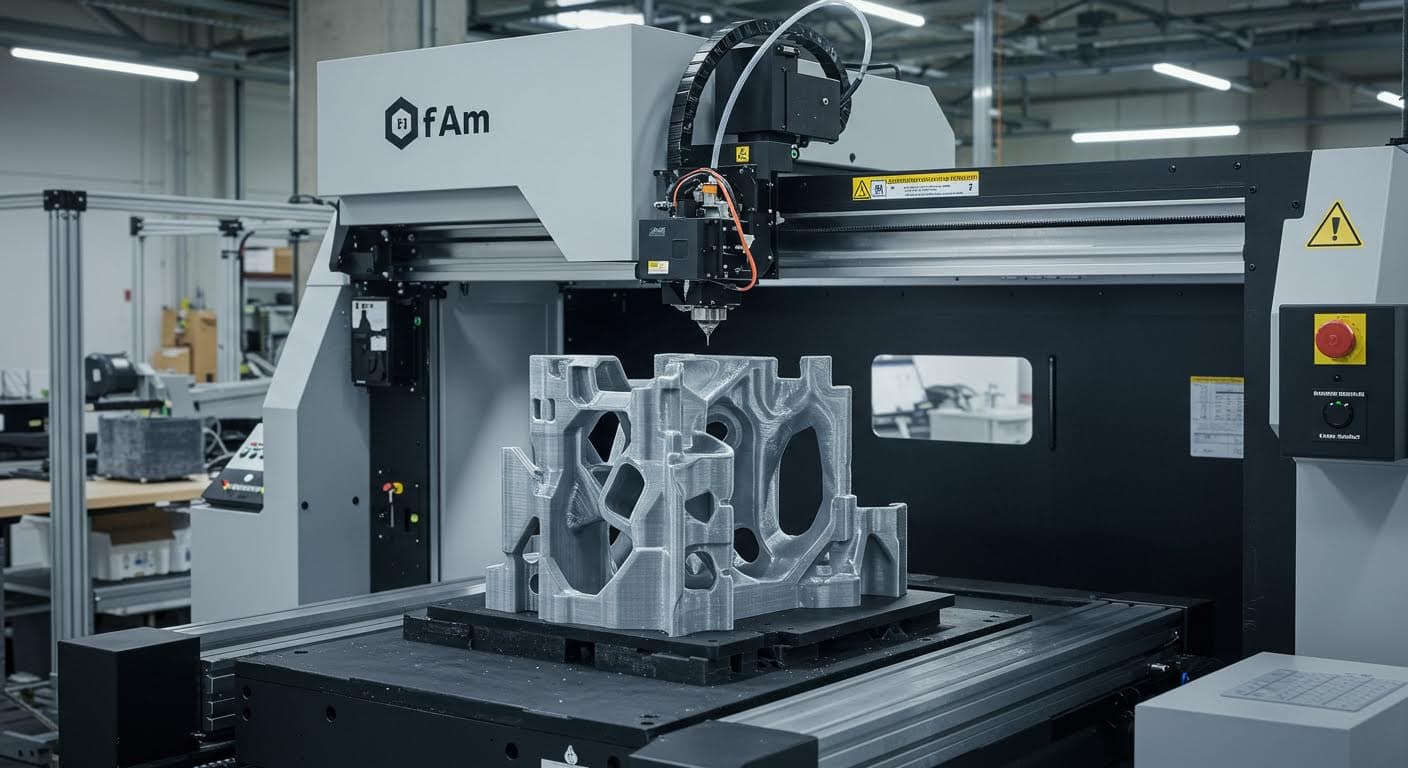 Hochauflösendes Foto eines industriellen 3D-Druckers, der ein komplexes Bauteil schichtweise aufbaut, in einer modernen Fertigungshalle, ohne jegliche Text- oder Beschriftungselemente.