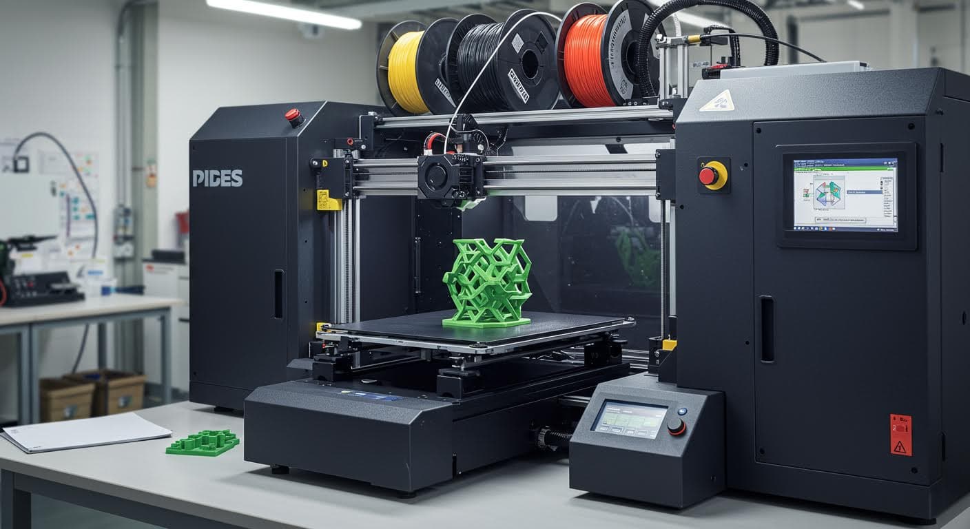 Advanced 3D printer with multiple filament spools, in operation printing a complex model, high-res, industrial focus