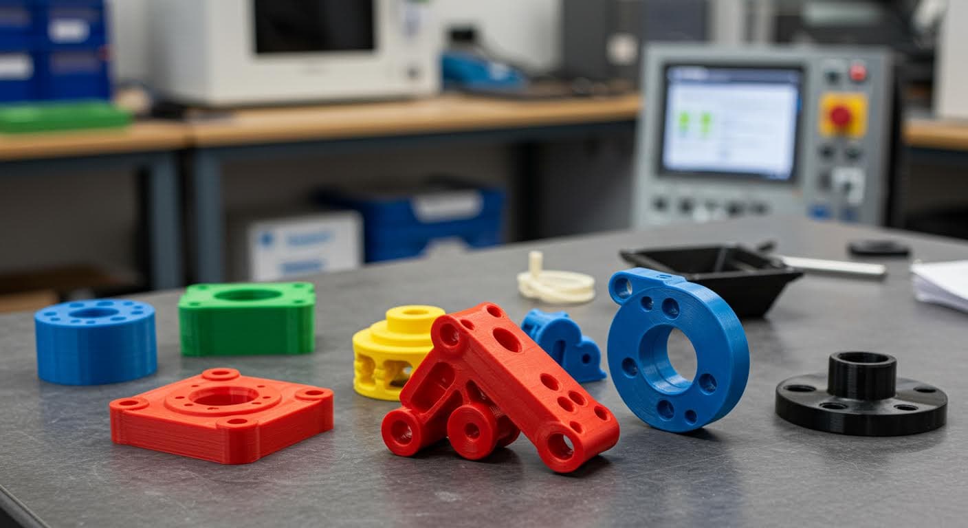 Assortment of colored FDM printed industrial components on a workbench, professional shot, no labels or logos