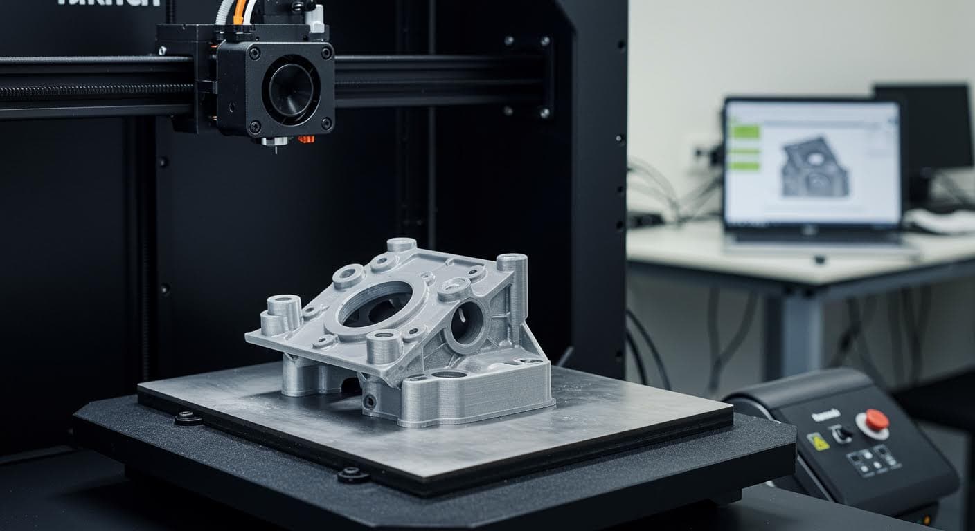 Professionelle Aufnahme eines fertigen additiven Bauteils auf einem Prüfstand, betont Stabilität und Präzision, in hoher Auflösung ohne Schriften oder Logos.