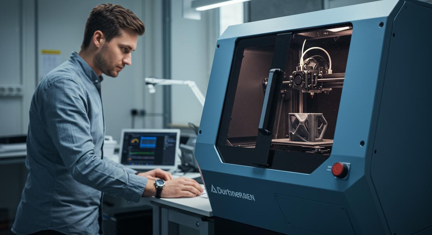 Bild eines Multimaterial-3D-Drucks in Aktion, zeigt den Übergang zwischen harten und flexiblen Bereichen, magazinqualität, ausschließlich visuelle Darstellung.