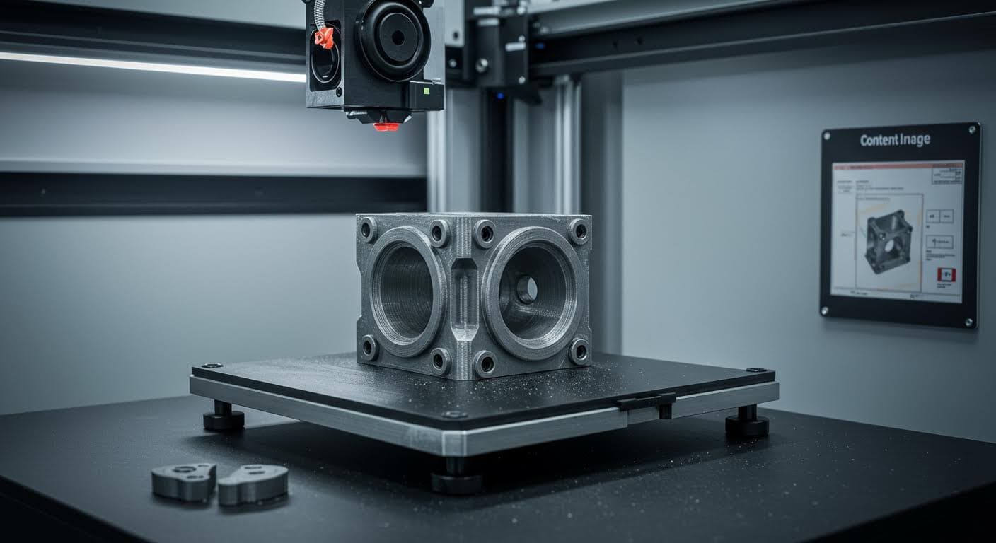 Industriefoto einer Topologie-optimierten Komponente, frisch aus dem Drucker, hebt Materialeinsparungen hervor, ohne textuelle Elemente.