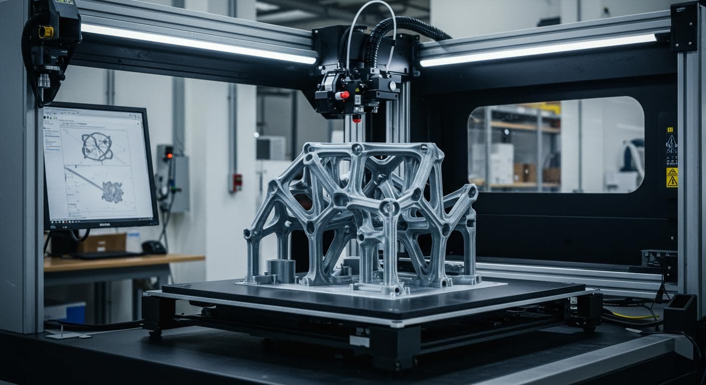 Professionelles Foto eines modernen SLA-3D-Druckers, der ein komplexes Bauteil herstellt, in einer industriellen Umgebung mit Fokus auf die Lasertechnik, hochauflösend und ohne jegliche Texte oder Logos