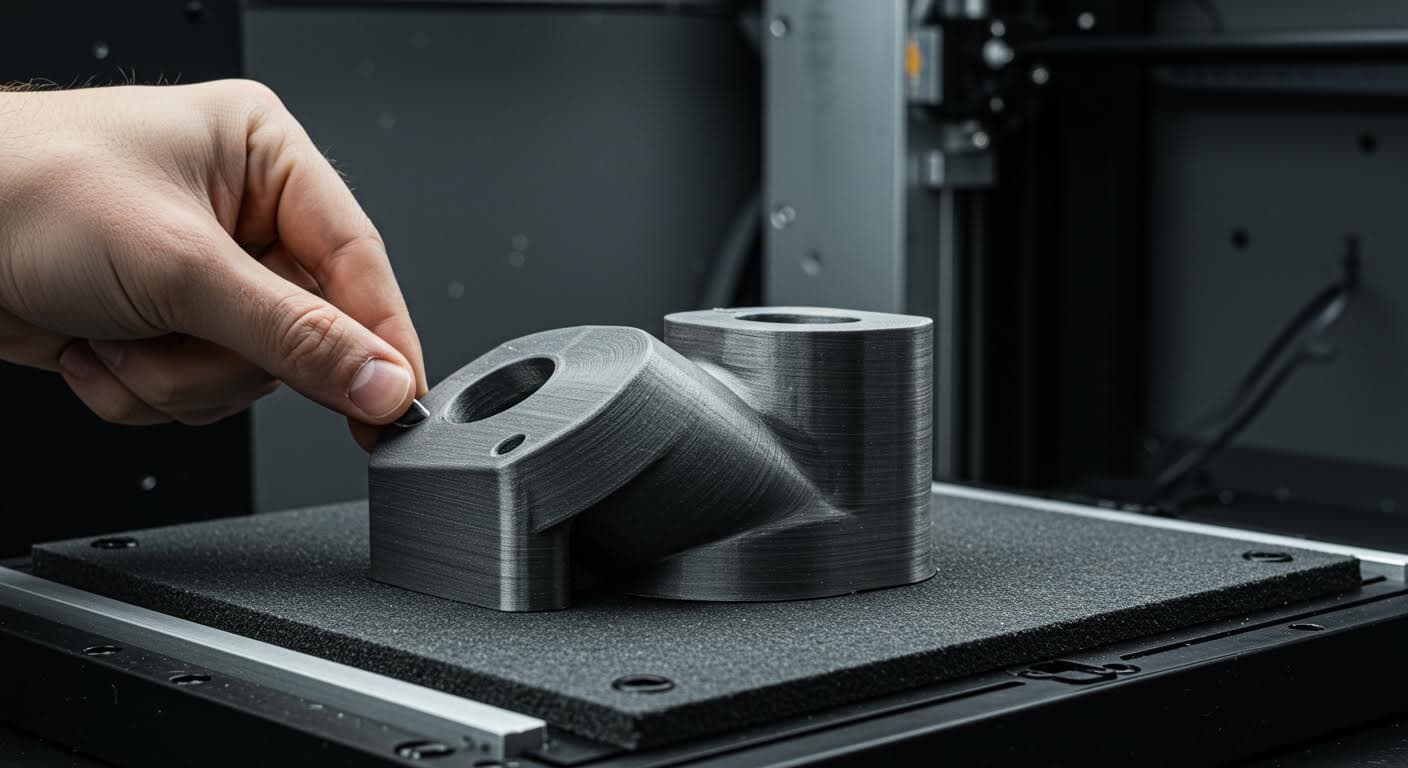 Nahaufnahme eines glatten, isotropen 3D-gedruckten Objekts aus Harz, das mechanische Belastung demonstriert, in neutralem Licht, magazinqualität