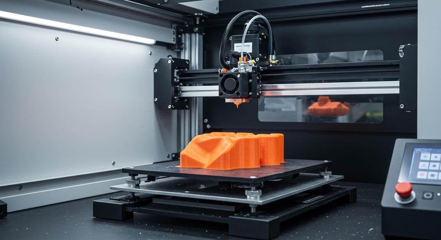 Hochauflösende Industriefotografie eines 3D-Druckers im Betrieb, fokussiert auf das Druckbett mit einem entstehenden Objekt aus Kunststoff, professionelle Beleuchtung, keine Texte oder Logos