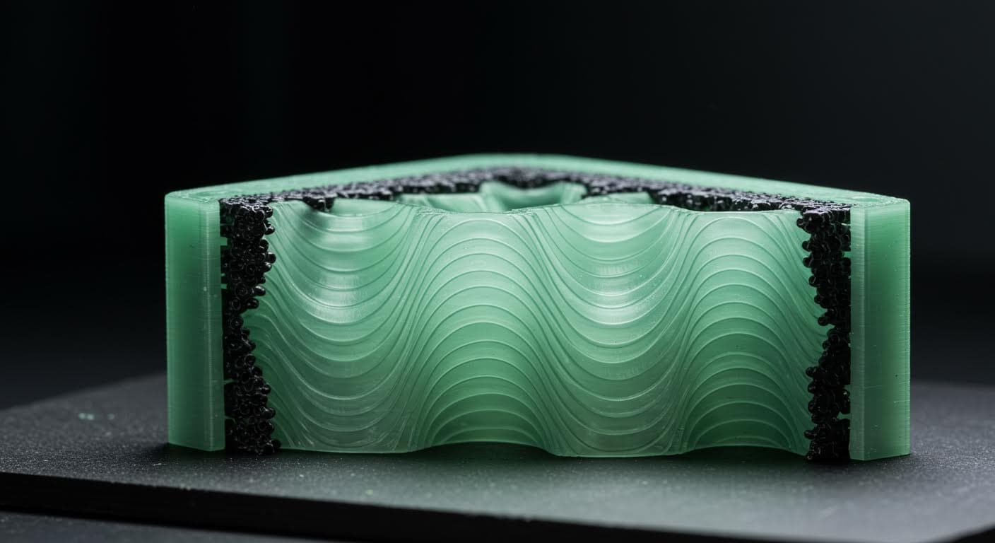 Close-up of a 3D-printed object with gyroid infill structure visible in cross-section, showing wavy internal patterns in a translucent material