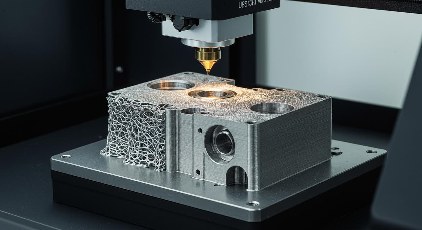 Nahaufnahme eines Schleifprozesses an einem metallischen 3D-gedruckten Teil, sichtbare Funken und glatte Oberfläche, industrielle Qualität, rein visuell