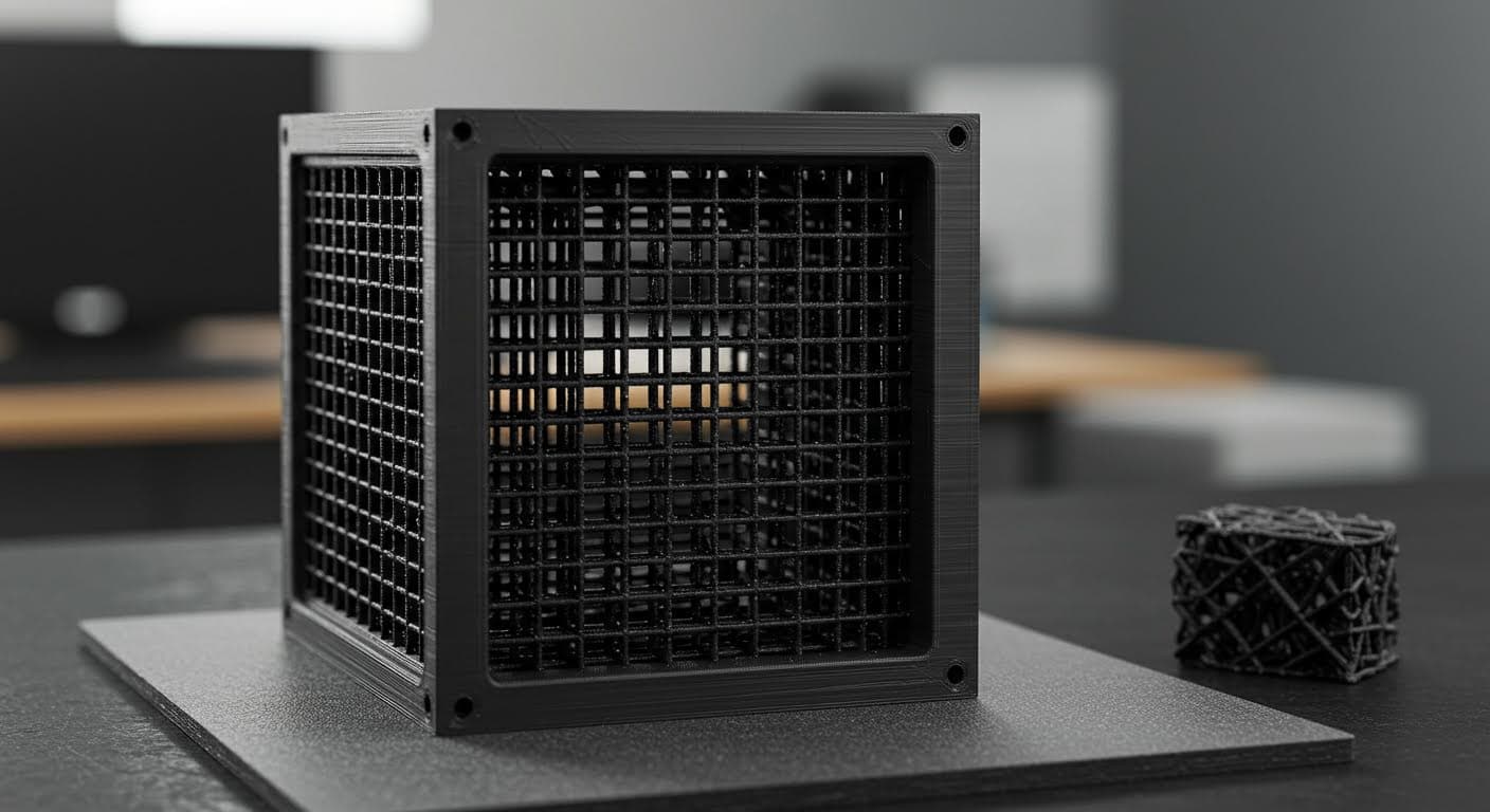 Detailed view of grid infill inside a sliced 3D-printed cube, displaying intersecting straight lines forming a square lattice