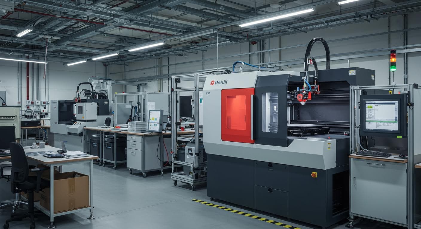 Industriehalle in Süddeutschland mit 3D-Druck-Equipment im Einsatz, reine visuelle Darstellung von Technologie