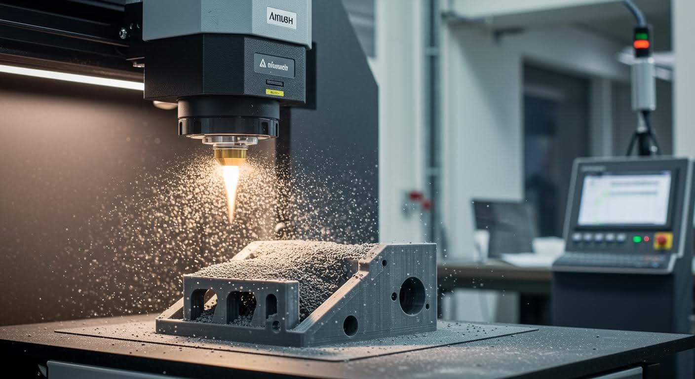 Bild eines Strahlverfahrens mit feinen Partikeln auf einem Bauteil, dynamische Bewegung, hochauflösend, ohne jegliche Beschriftungen