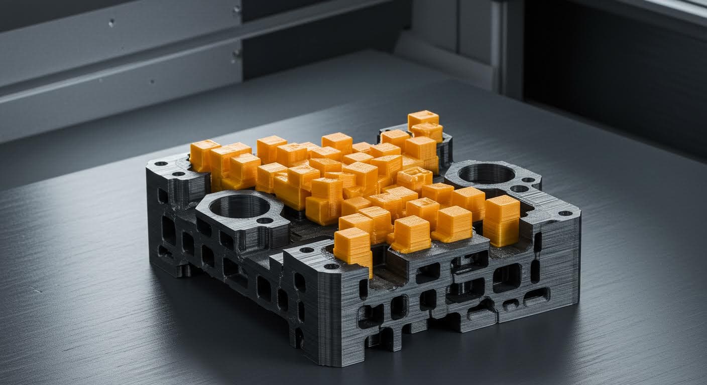Cross-section of a cubic infill pattern in a mechanical part, illustrating stacked cube-like cells in multiple layers