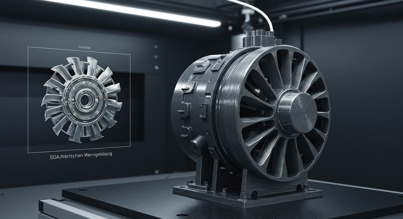 3D-gedruckte Mikroturbine in hoher Auflösung, betont Präzision und Materialeigenschaften, ohne Beschriftungen