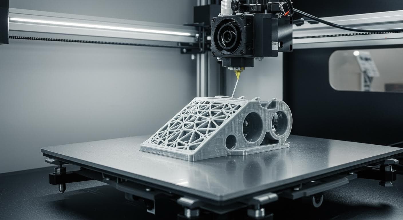 Industrial 3D printer in operation, extruding filament to build a lightweight aerospace component with visible internal structure