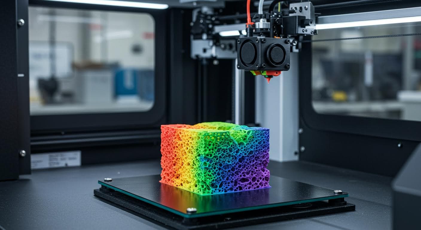 Visuelle Darstellung eines gefärbten 3D-Druck-Modells in leuchtenden Farben, poröse Struktur sichtbar, reine Technologieansicht
