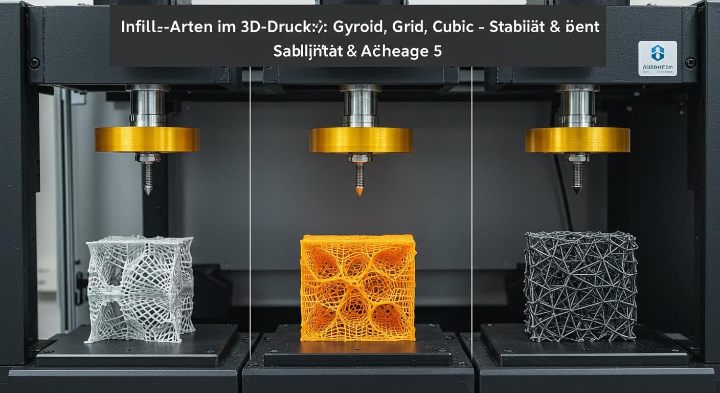Side-by-side comparison of three 3D-printed samples under compression testing, highlighting differences in deformation for gyroid, grid, and cubic infills