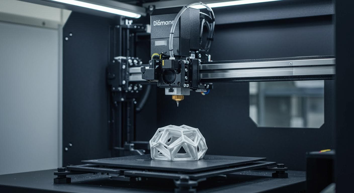 Hochauflösendes Foto eines modernen 3D-Druckers beim Drucken eines geometrischen Objekts, Fokus auf die Schichtbildung, industrielle Umgebung ohne Text.