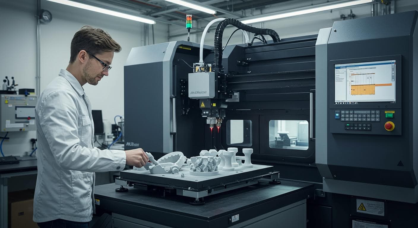 Hochauflösende Aufnahme eines SLS-3D-Druckers, der Pulver schichtet und laser, reine Technologie ohne Text