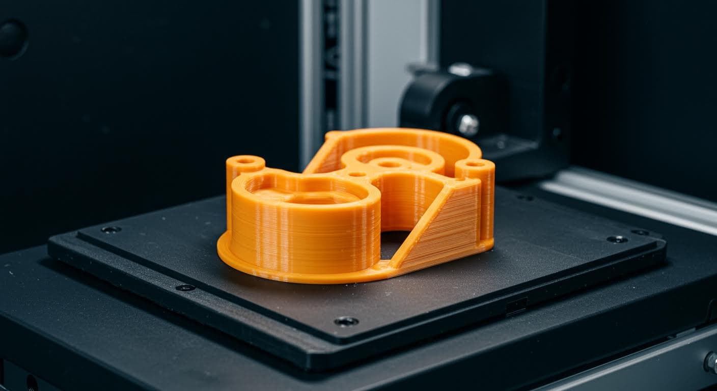 Nahaufnahme eines fertigen 3D-gedruckten Teils aus Kunststoff, detaillierte Oberflächenstruktur, professionelle Beleuchtung, kein Schriftzug.