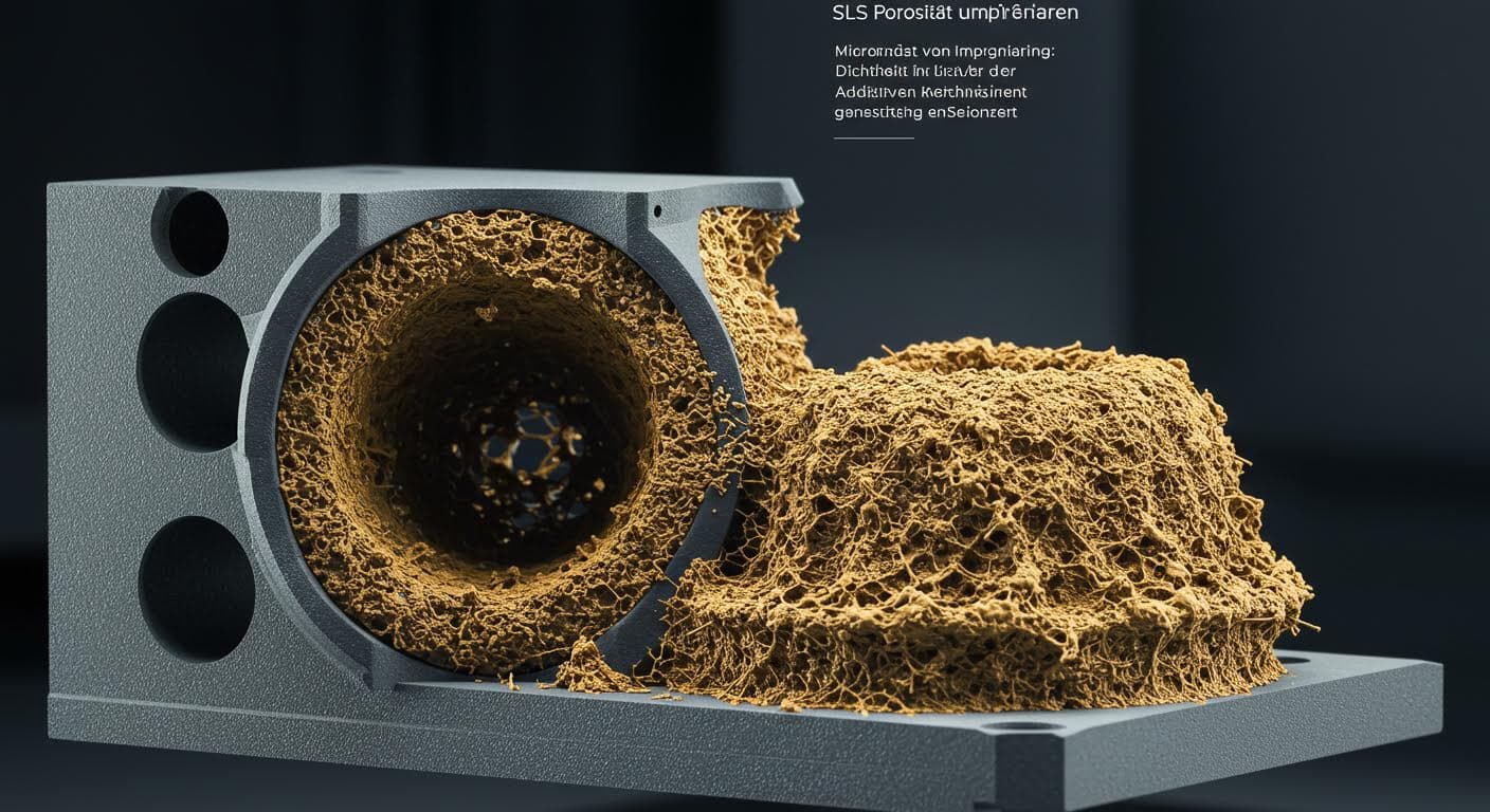 Mikroskopische Close-up von porösen Strukturen in einem SLS-Bauteil, visuelle Darstellung von Hohlräumen
