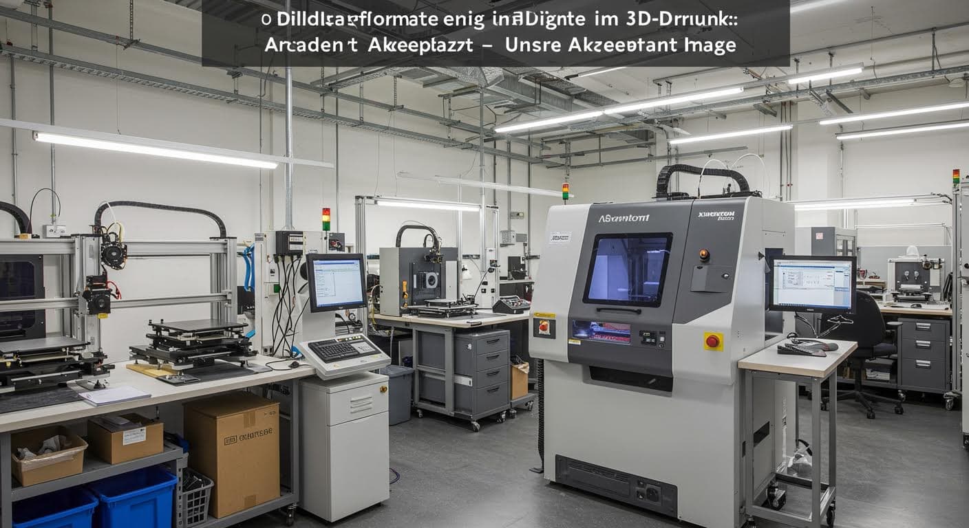 Industriewerkstatt mit mehreren 3D-Druckern in Aktion, Fokus auf Maschinen und Materialien, magazin-qualität, ohne Labels.
