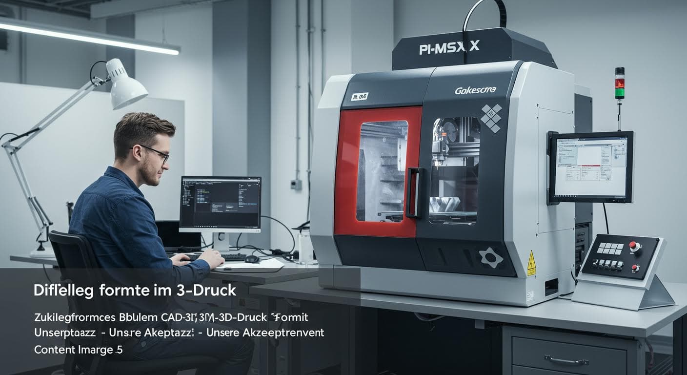 Zukunftsweisendes Bild eines hybriden CAD-3D-Druck-Setups, mit Präzisionskomponenten, professionelle Fotografie, textfrei.