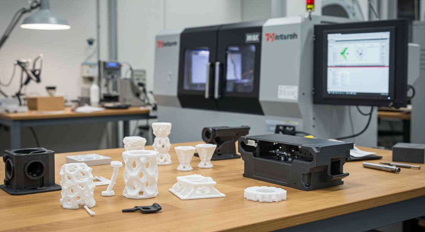 Industrial photograph of finished 3D-printed prototypes on a workbench