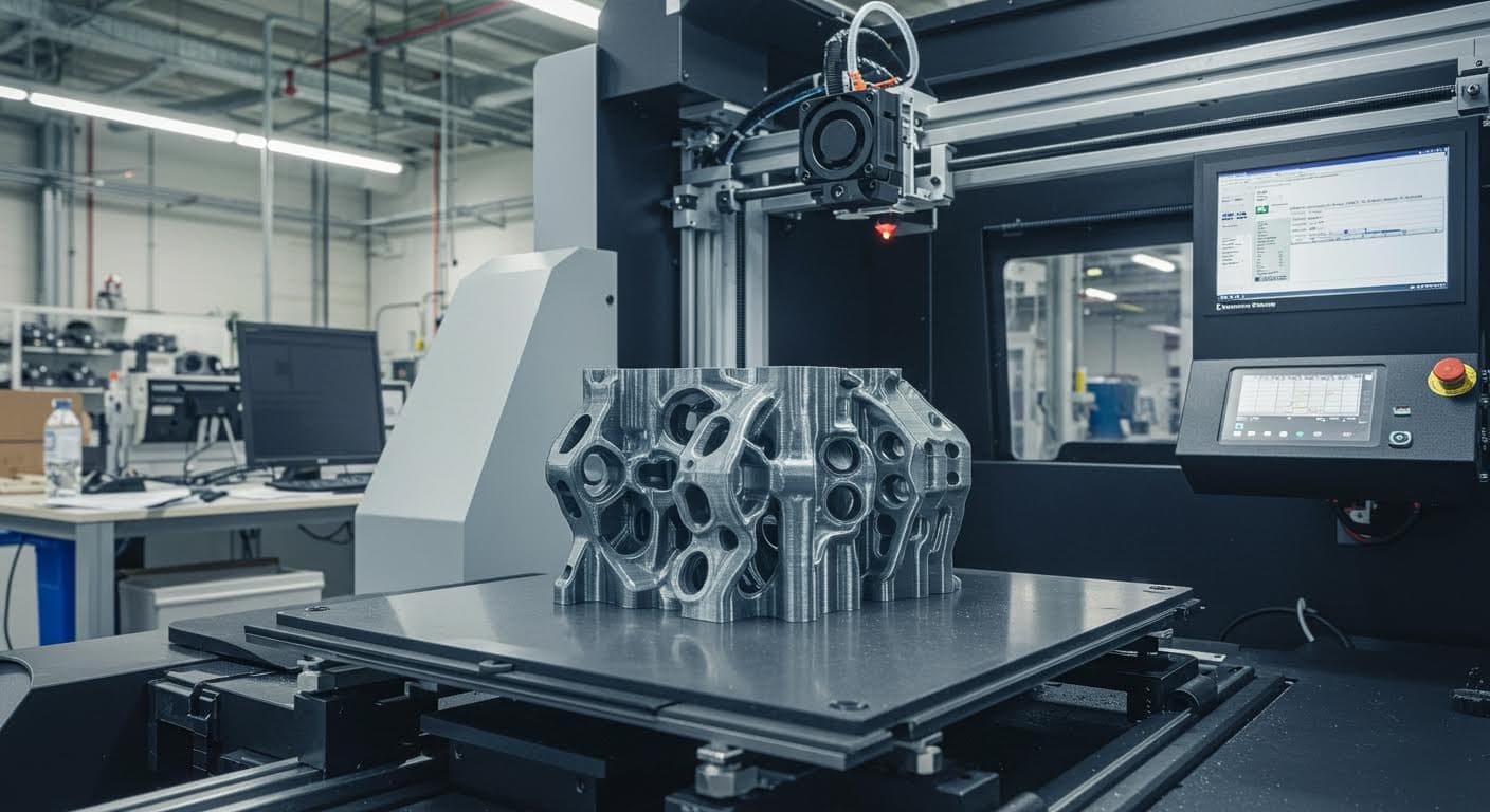 High-resolution photo of a 3D printer building layers on a complex industrial part, in a modern factory setting, no text or labels