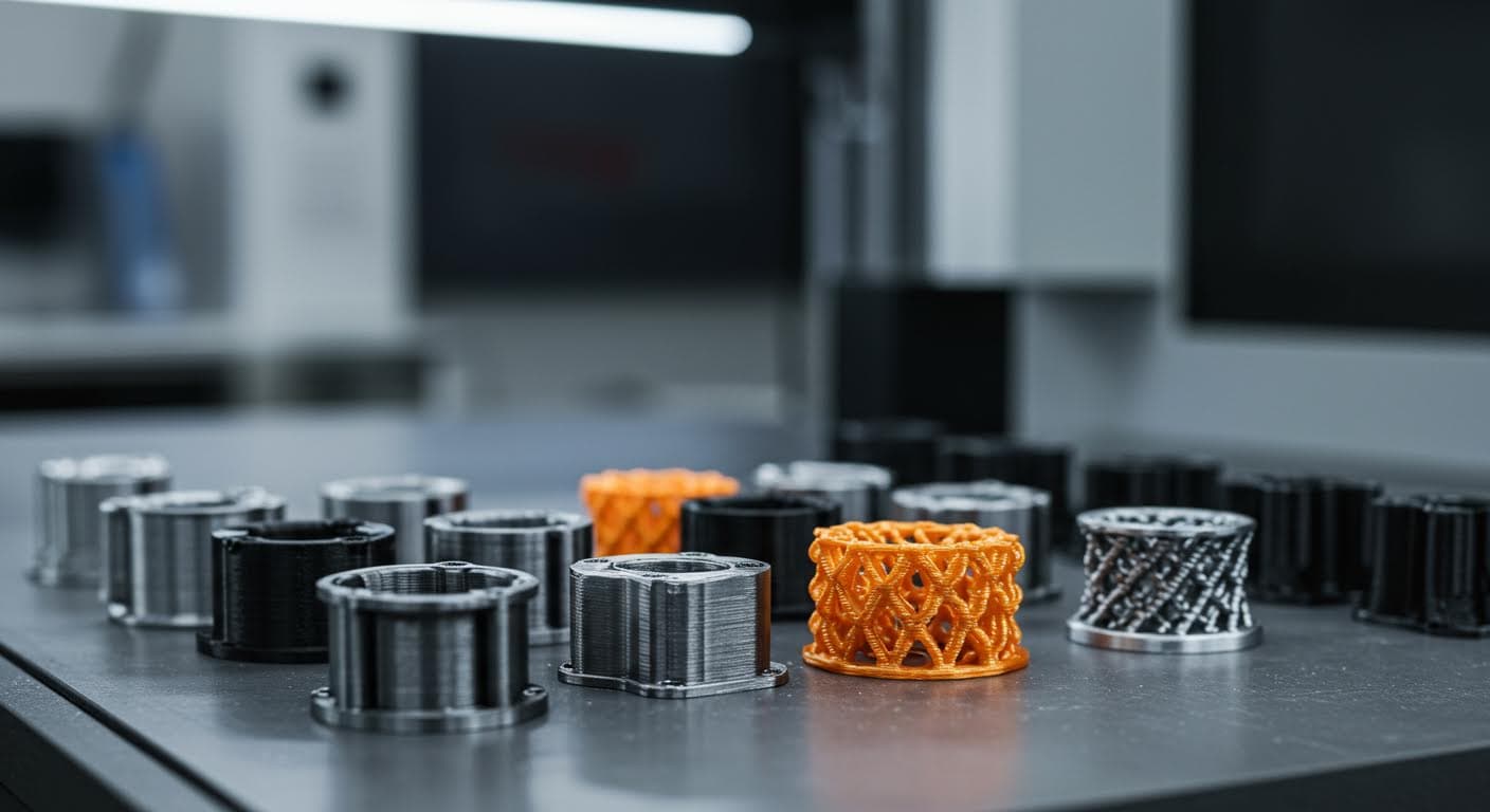 Close-up of multiple 3D-printed small series components arranged on a production table, metallic and polymer materials, professional lighting