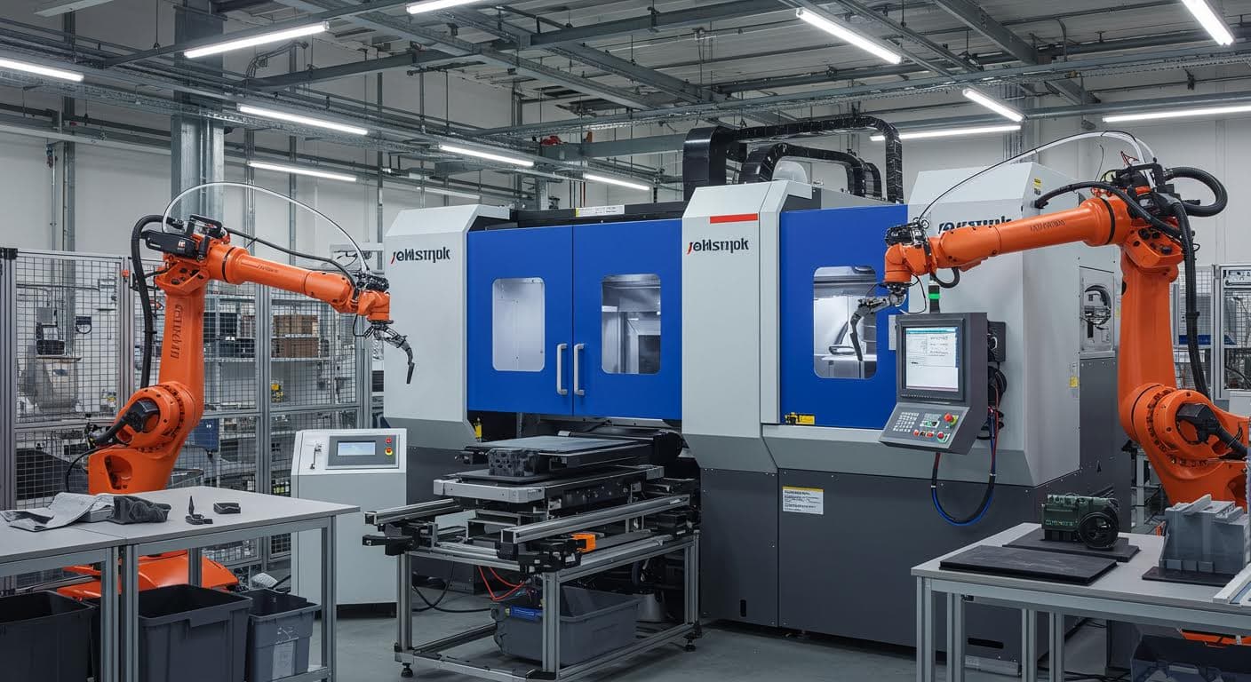 Industrial scene showing scaled-up 3D printing machines in operation, with robotic arms assisting, clean workshop environment