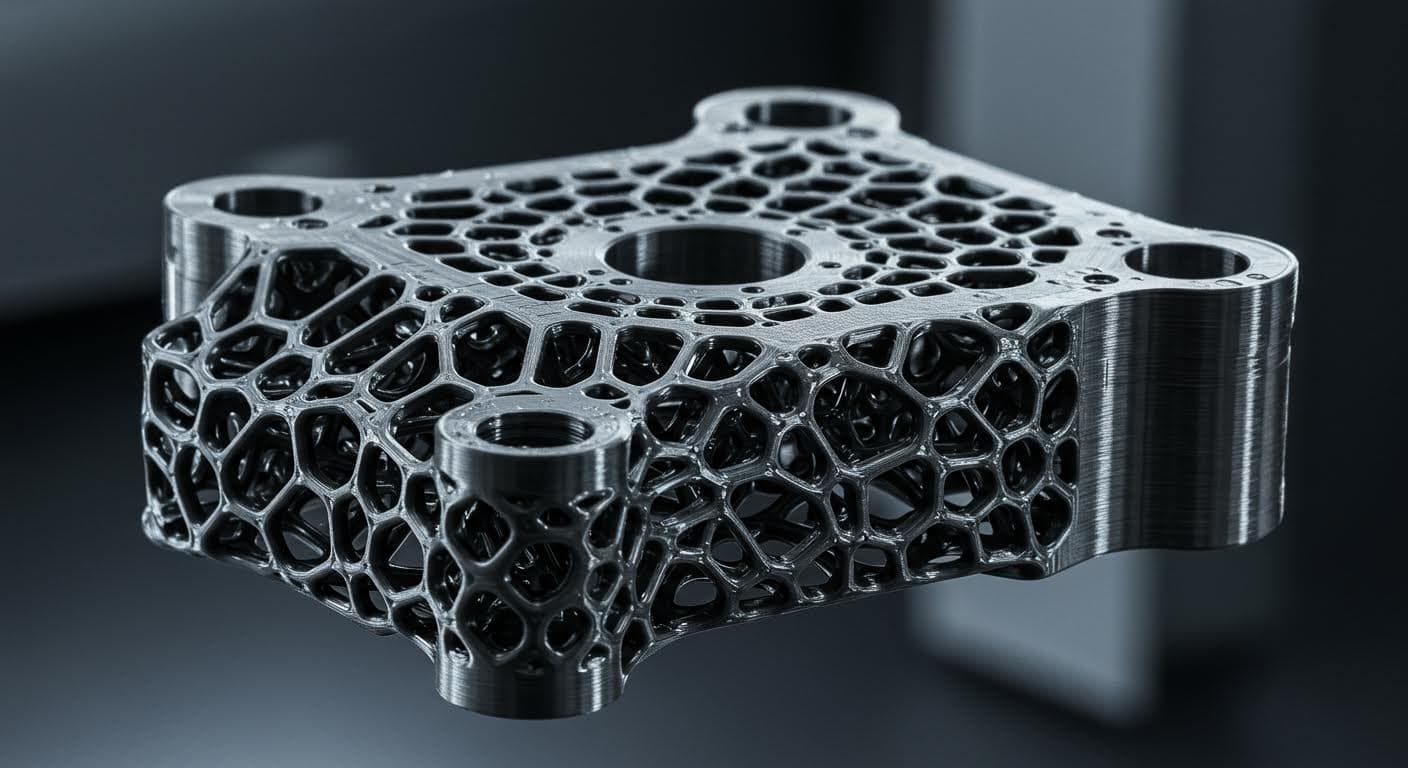 Close-up of a 3D-printed CF-Nylon component in an industrial setting, showing intricate lattice structures and smooth surfaces