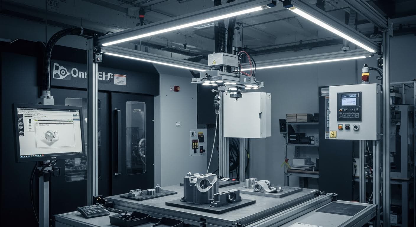 Quality control station with 3D-printed parts under inspection lights, sensors and tools visible, no inscriptions